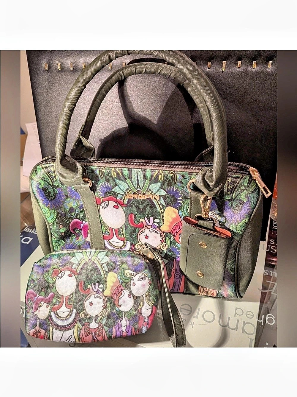 Jingpin Colorful Printed Bag Set in Green & Pink NWT